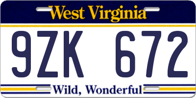 WV license plate 9ZK672