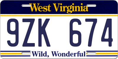 WV license plate 9ZK674