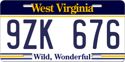 WV license plate 9ZK676