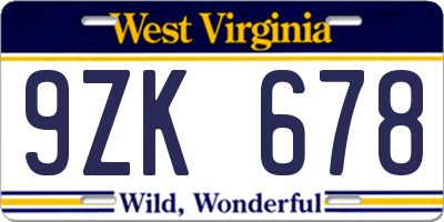 WV license plate 9ZK678