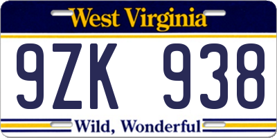 WV license plate 9ZK938