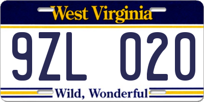 WV license plate 9ZL020