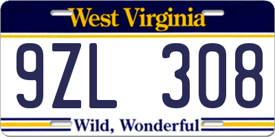 WV license plate 9ZL308