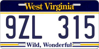 WV license plate 9ZL315