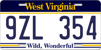 WV license plate 9ZL354