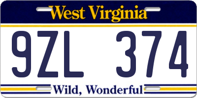 WV license plate 9ZL374