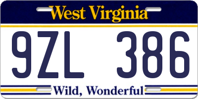 WV license plate 9ZL386