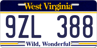 WV license plate 9ZL388