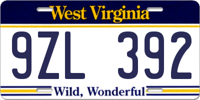 WV license plate 9ZL392