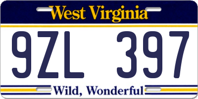 WV license plate 9ZL397