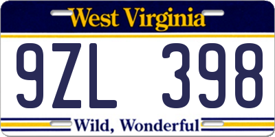 WV license plate 9ZL398