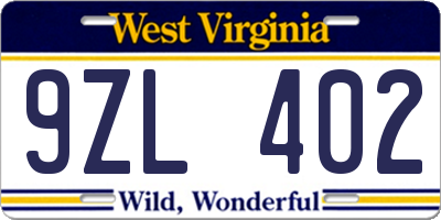 WV license plate 9ZL402