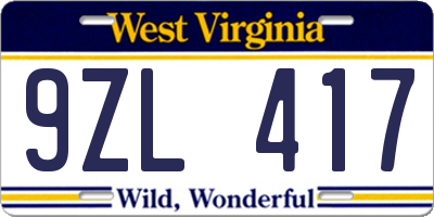 WV license plate 9ZL417