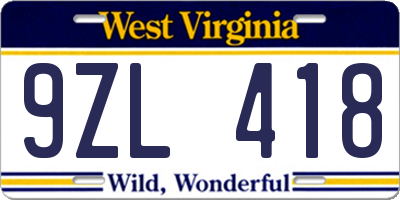 WV license plate 9ZL418