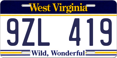 WV license plate 9ZL419