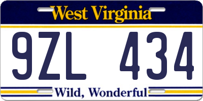 WV license plate 9ZL434