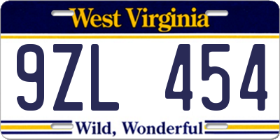 WV license plate 9ZL454