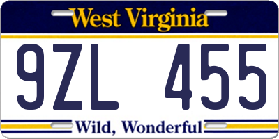 WV license plate 9ZL455