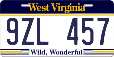 WV license plate 9ZL457