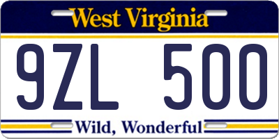 WV license plate 9ZL500