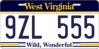 WV license plate 9ZL555