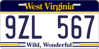 WV license plate 9ZL567