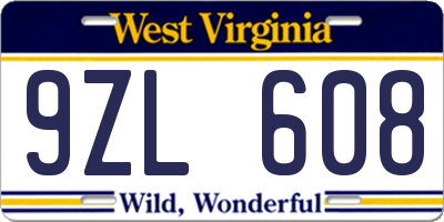 WV license plate 9ZL608