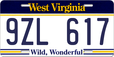 WV license plate 9ZL617