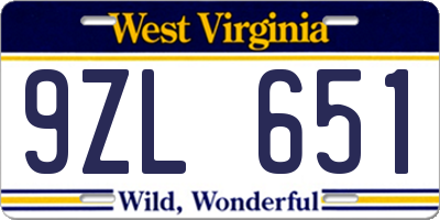 WV license plate 9ZL651