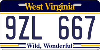 WV license plate 9ZL667