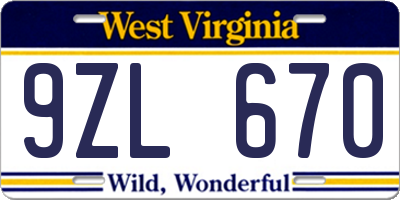 WV license plate 9ZL670