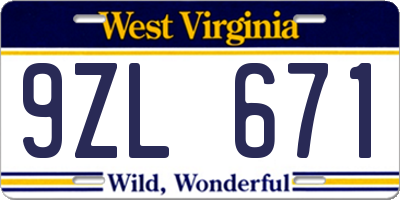 WV license plate 9ZL671