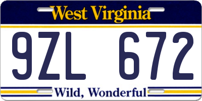 WV license plate 9ZL672