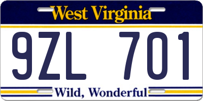 WV license plate 9ZL701