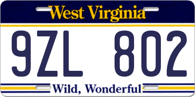 WV license plate 9ZL802