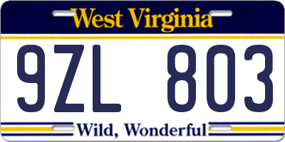 WV license plate 9ZL803