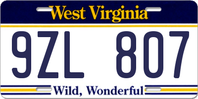 WV license plate 9ZL807
