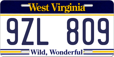 WV license plate 9ZL809