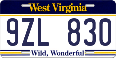 WV license plate 9ZL830
