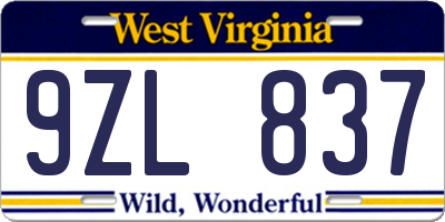 WV license plate 9ZL837