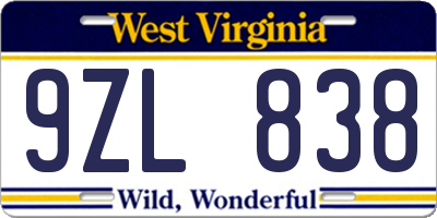 WV license plate 9ZL838