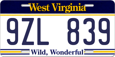 WV license plate 9ZL839