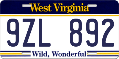 WV license plate 9ZL892