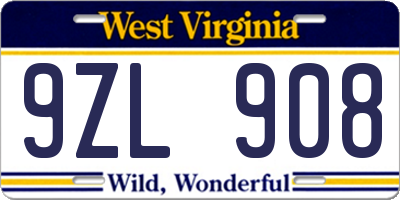 WV license plate 9ZL908