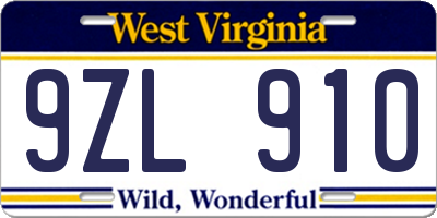 WV license plate 9ZL910