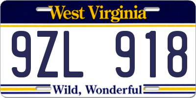 WV license plate 9ZL918