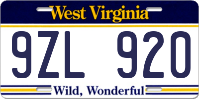 WV license plate 9ZL920