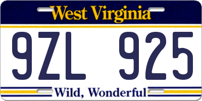 WV license plate 9ZL925