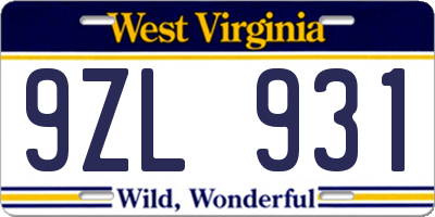 WV license plate 9ZL931