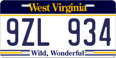 WV license plate 9ZL934